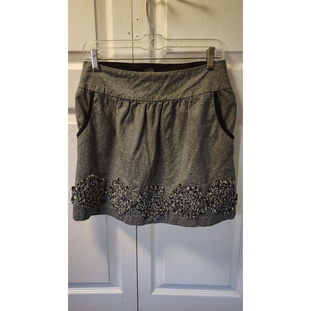 Stooshy Gray Chambray Mini Skirt Textured Shag Applique Pockets Medium